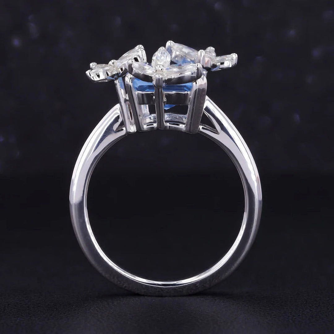 7x9mm, 2.50ct Emerald Lab-Grown Light Blue Sapphire with Diamond Butterflies Ring in 14K White Gold