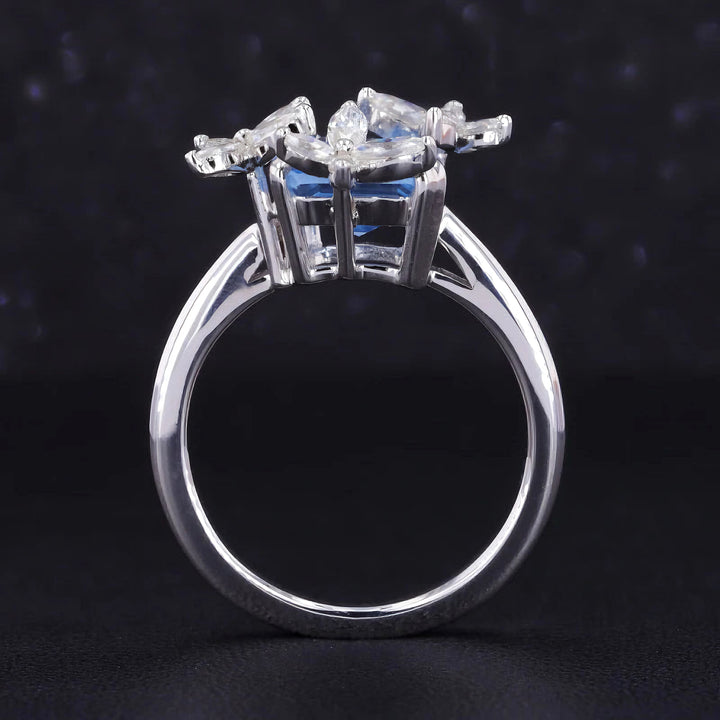 7x9mm, 2.50ct Emerald Lab-Grown Light Blue Sapphire with Diamond Butterflies Ring in 14K White Gold