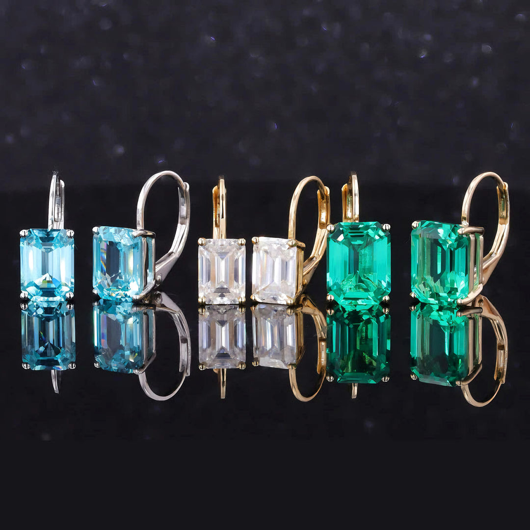 6*8mm Emerald Cut Paraiba Hoop Earrings in 14K Solid White Gold