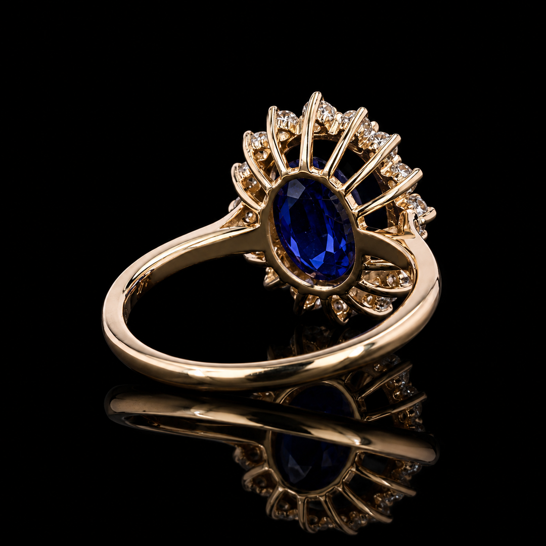 The Diana Royale — Royal Blue Sapphire Diamond Halo Ring