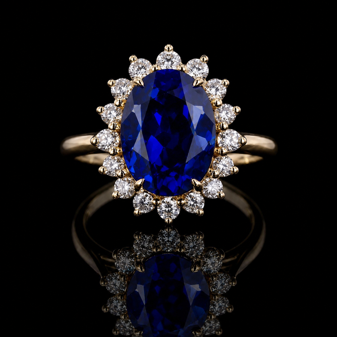 The Diana Royale — Royal Blue Sapphire Diamond Halo Ring