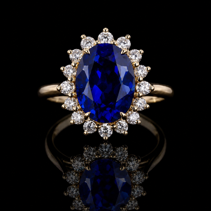 The Diana Royale — Royal Blue Sapphire Diamond Halo Ring