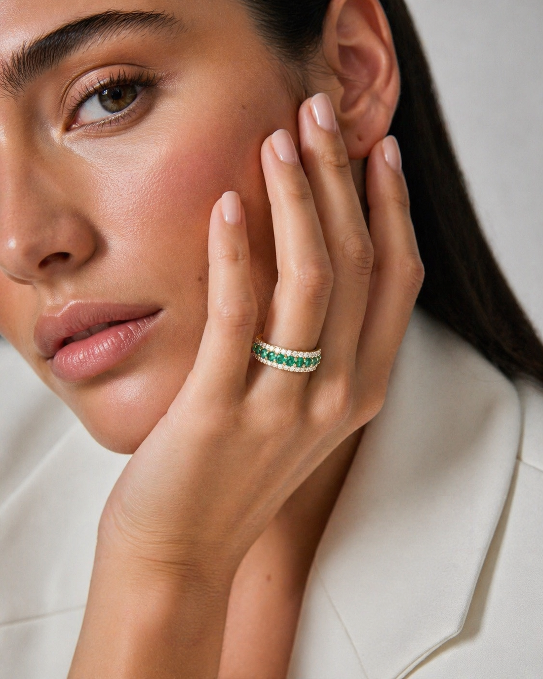 Emerald and diamond eternity band, view 6