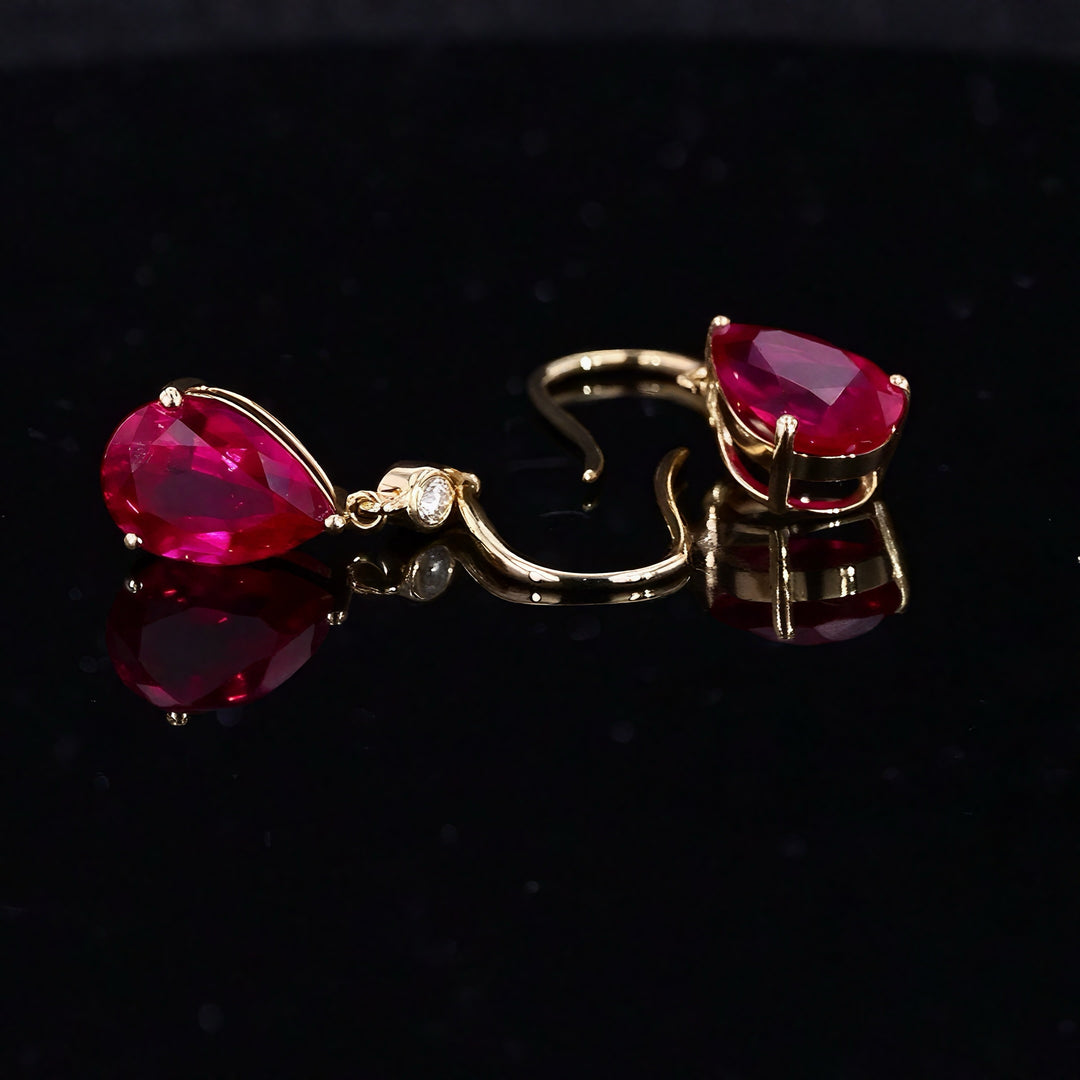 5x7mm, 1ct Each Pear Lab-Grown Ruby with Accent Diamond Dangle Earrings in 14K Yellow Gold