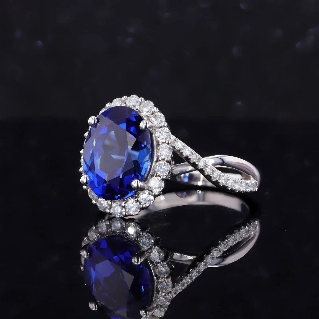 8x10mm, 4.00ct Oval Lab-Grown Blue Sapphire with Diamond Halo Ring/Twisted Band in 14K White Gold