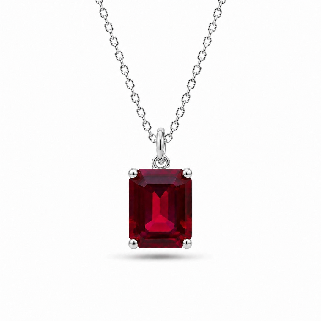 7x9mm, 3ct Emerald Cut Red Ruby Pendant Necklace