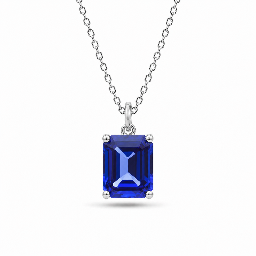 7x9mm, 3.00ct Emerald Lab-Grown Blue Sapphire Pendant Necklace in 14K White Gold