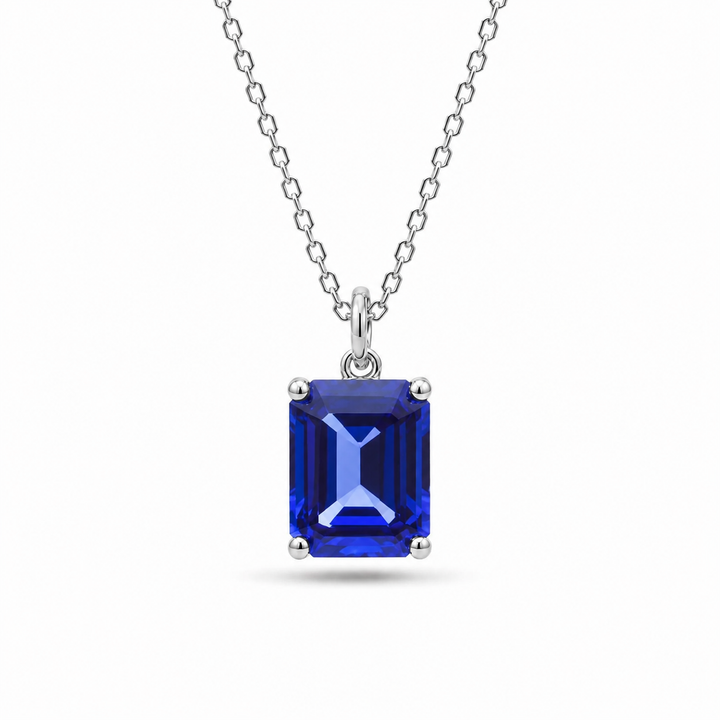 7x9mm, 3.00ct Emerald Lab-Grown Blue Sapphire Pendant Necklace in 14K White Gold
