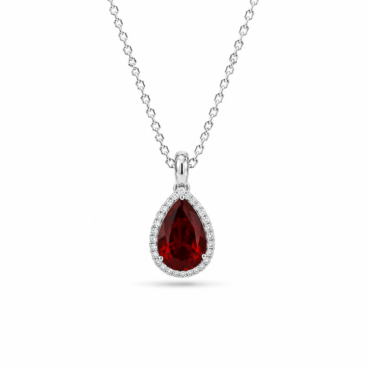 9x13mm, 7.00ct Pear Lab-Grown Red Ruby with Diamond Halo Pendant Necklace in Platinum
