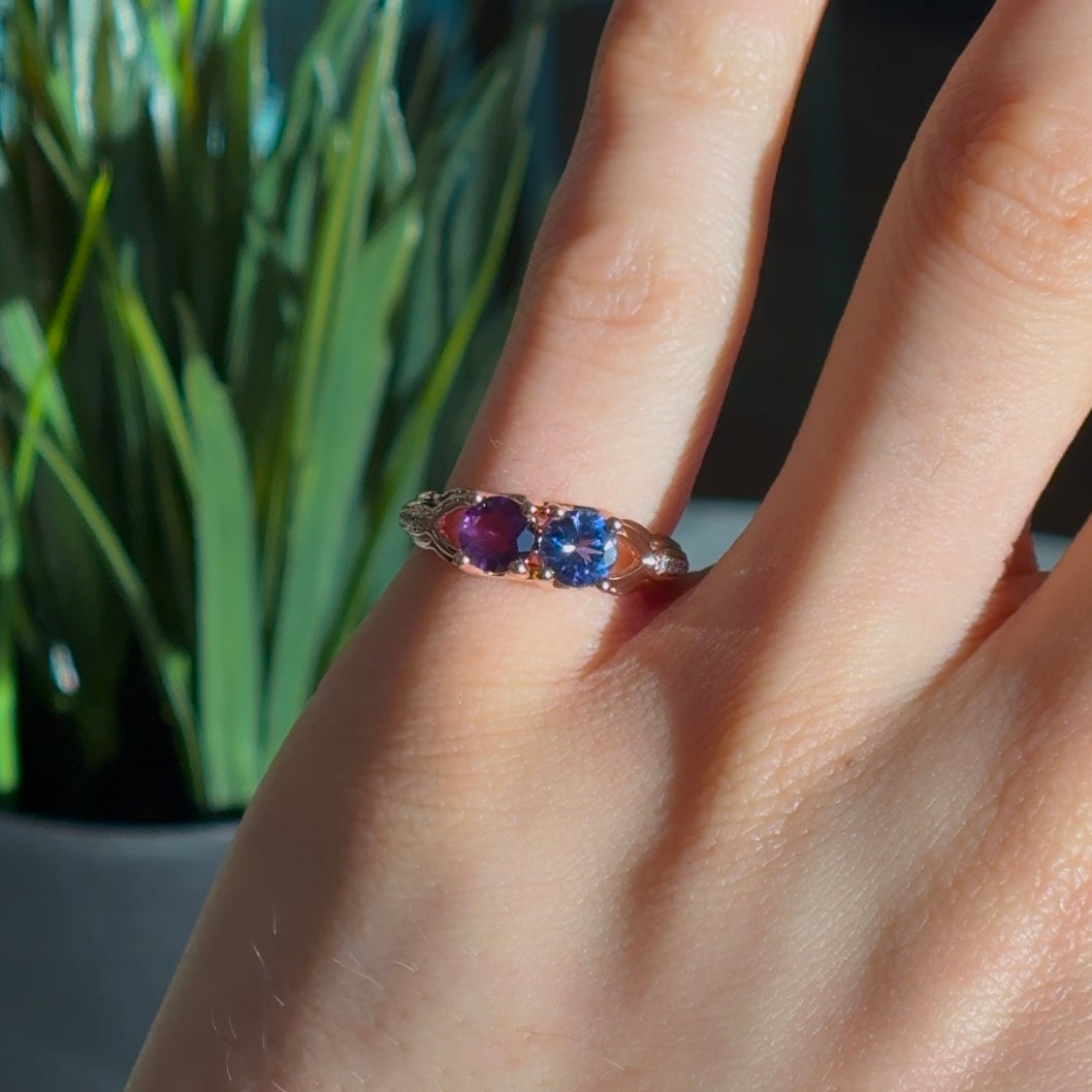 Customized™ Natural Tanzanite and Amethyst Two-Stone Ring in 18K Rose Gold