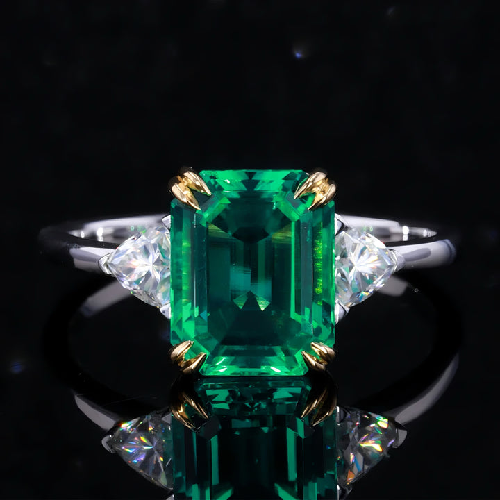 3.00ct Colombian Emerald with Moissanites Three-Stone Ring in 14K White Gold (8x10mm)