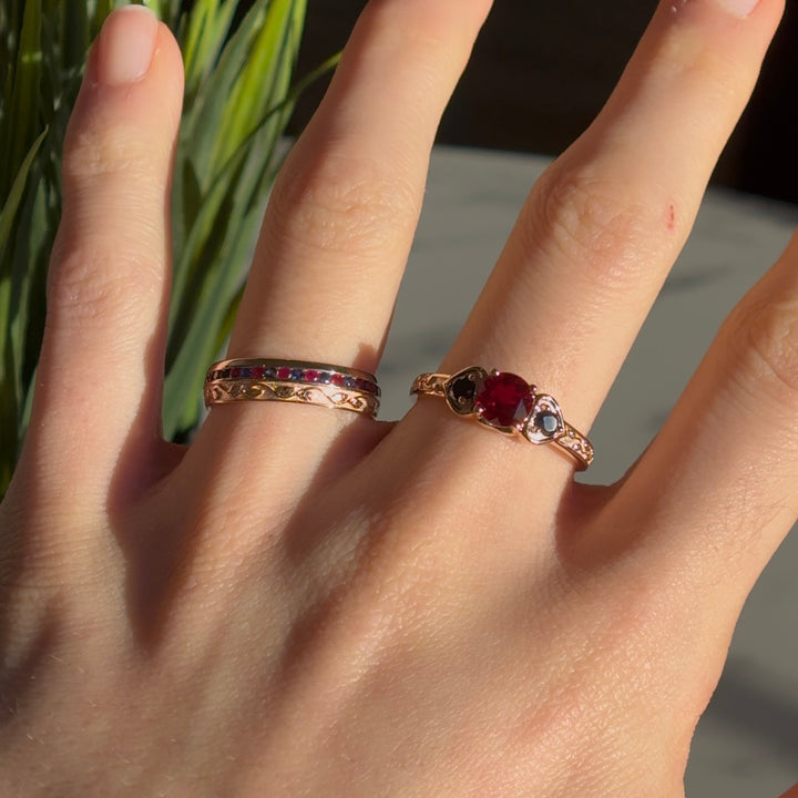 Customized™ "Fusion Harmony" 1.00ct Round Ruby with Natural Sapphires Three-Stone Ring in Rose Gold