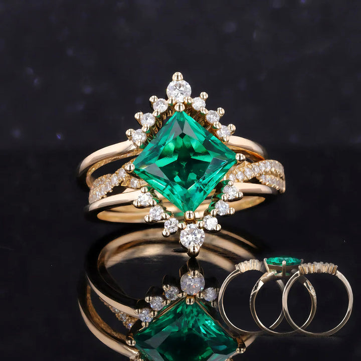 8x8mm, 2.20ct Princess Lab-Grown Colombian Emerald with Twisted-Pavé Band Ring with Two Stacking Diamond Rings in 14K Yellow Gold
