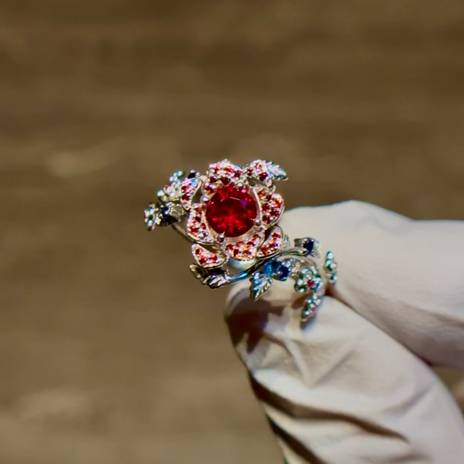 Customized™ 0.45ct Round Natural Ruby Rose Ring with Petal and Leaf Accents, featuring Natural Rubies and Sapphires in 925 Sterling Silver