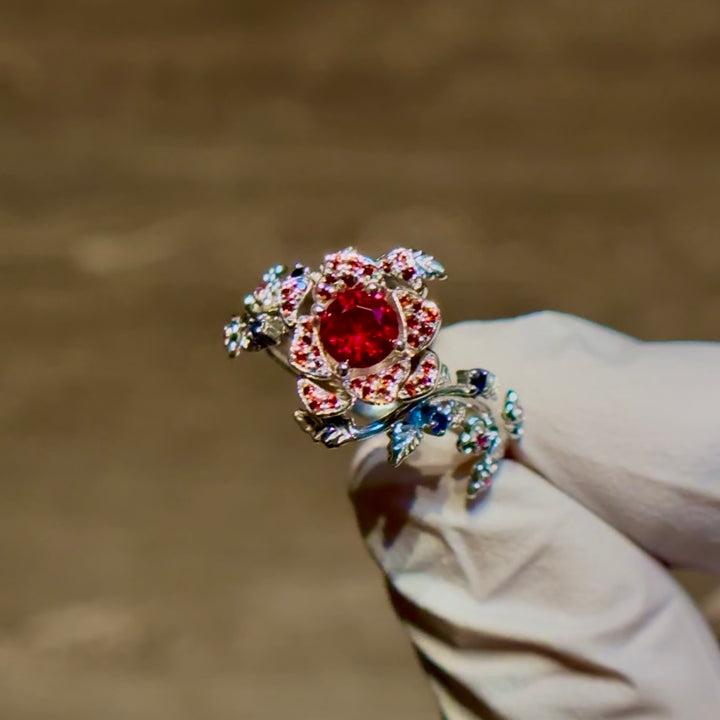 Customized™ 0.45ct Round Ruby Rose Ring with Petal/Leaf Accents with Rubies and Sapphires in 925 Sterling Silver