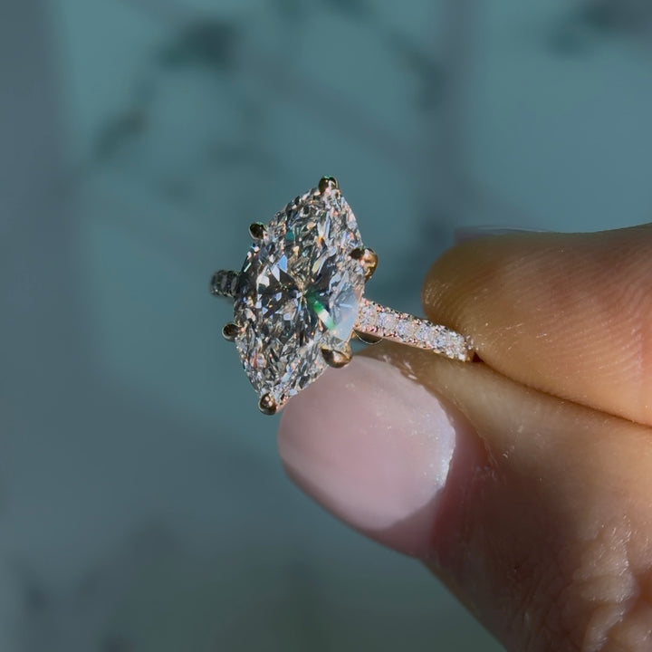 Customized™ 3.00ct Marquise Lab-Grown Diamond Ring with Hidden Halo/Pavé Cathedral Bridge/Diamond Band in Yellow Gold