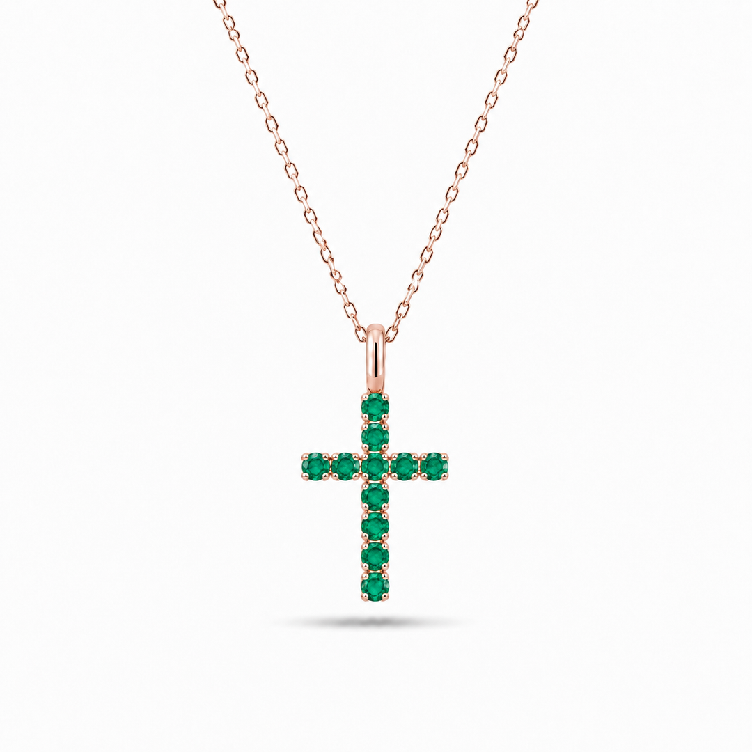 2mm, 0.80ctw Lab-Grown Colombian Emerald Cross Pendant Necklace