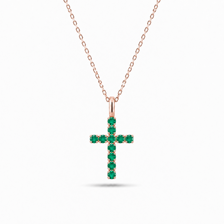 2mm, 0.80ctw Lab-Grown Colombian Emerald Cross Pendant Necklace
