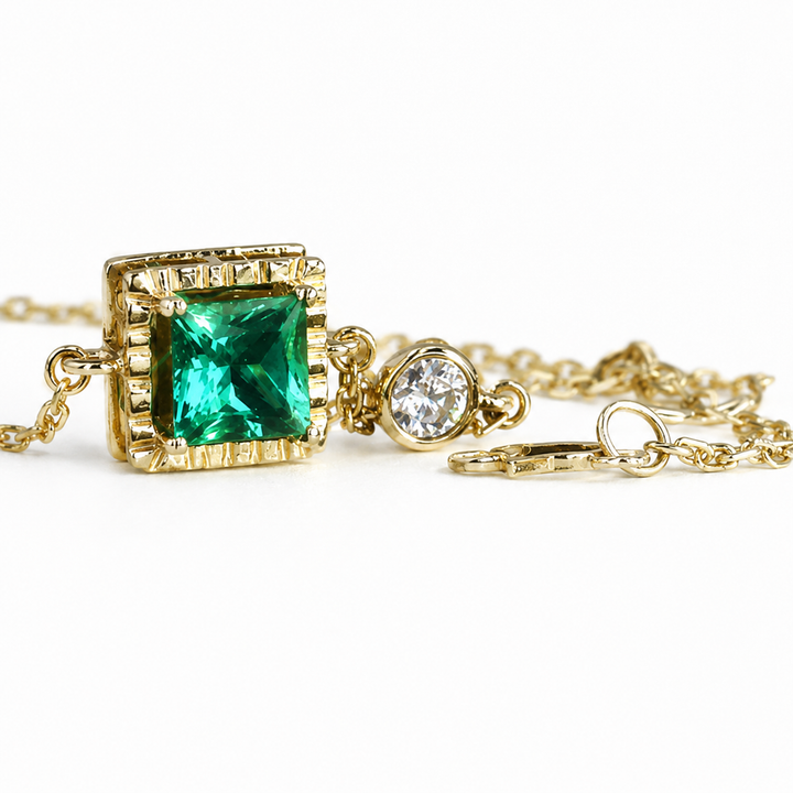 8x8mm, 2.25ct Princess Lab-Grown Colombian Emerald Pendant with Diamond Accent Necklace