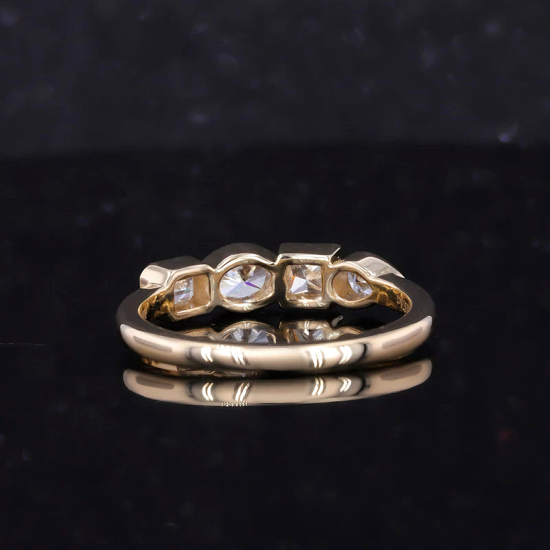 Four Stone (Pear, Princess, Oval, Emerald Cut) Moissanite Ring in 10K Solid Yellow Gold