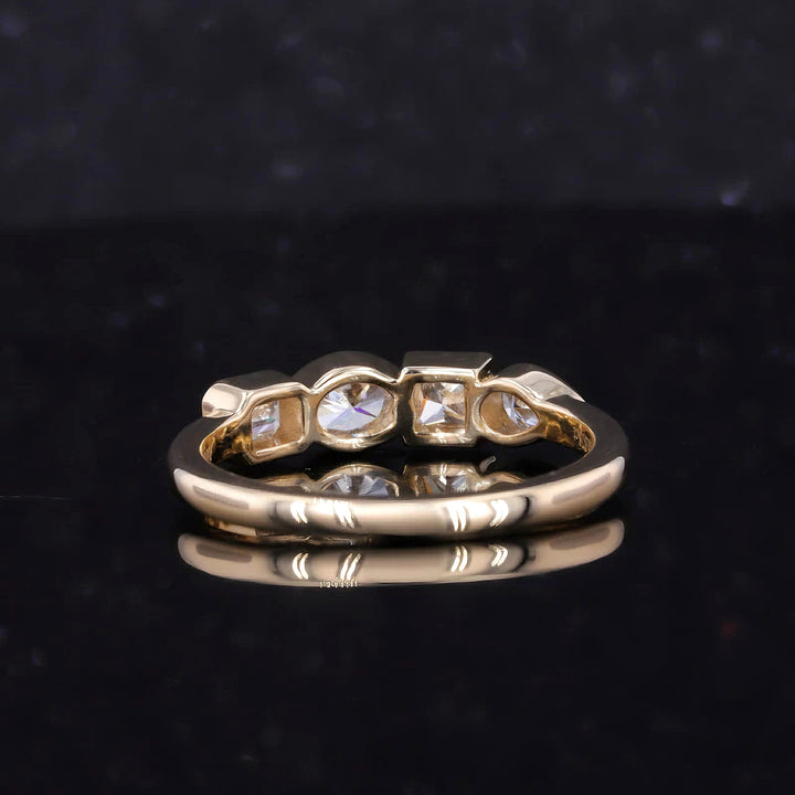Four Stone (Pear, Princess, Oval, Emerald Cut) Moissanite Ring in 10K Solid Yellow Gold