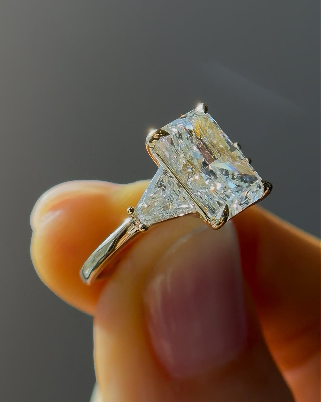The Silhouette radiant lab diamond three-stone ring, view 3