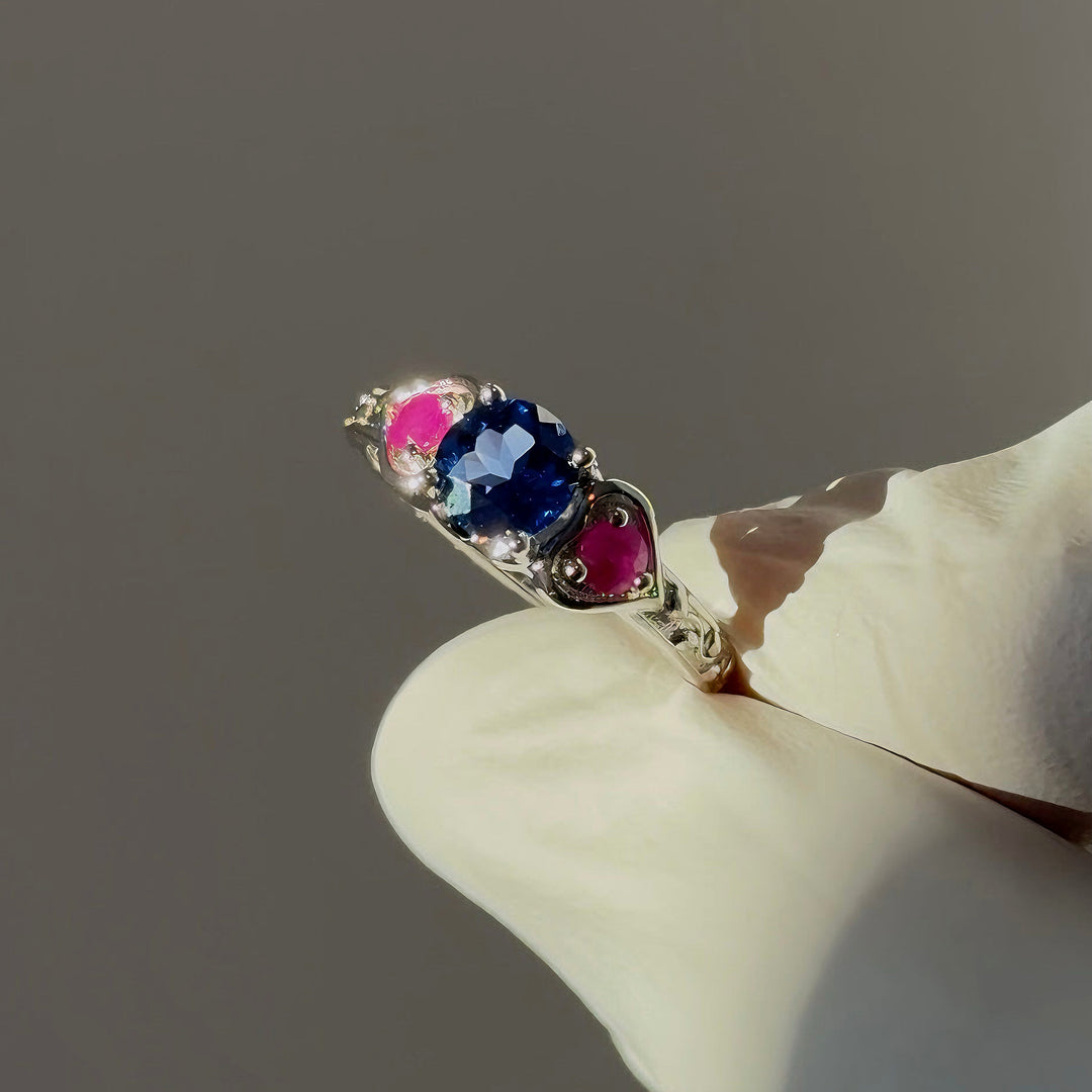 1.00ct "Glitch Rose" Round Ruby & Sapphires Three-Stone Ring in Sterling Silver