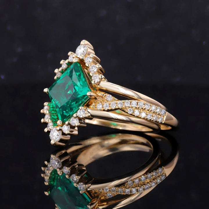 8x8mm, 2.20ct Princess Lab-Grown Colombian Emerald with Twisted-Pavé Band Ring with Two Stacking Diamond Rings in 14K Yellow Gold