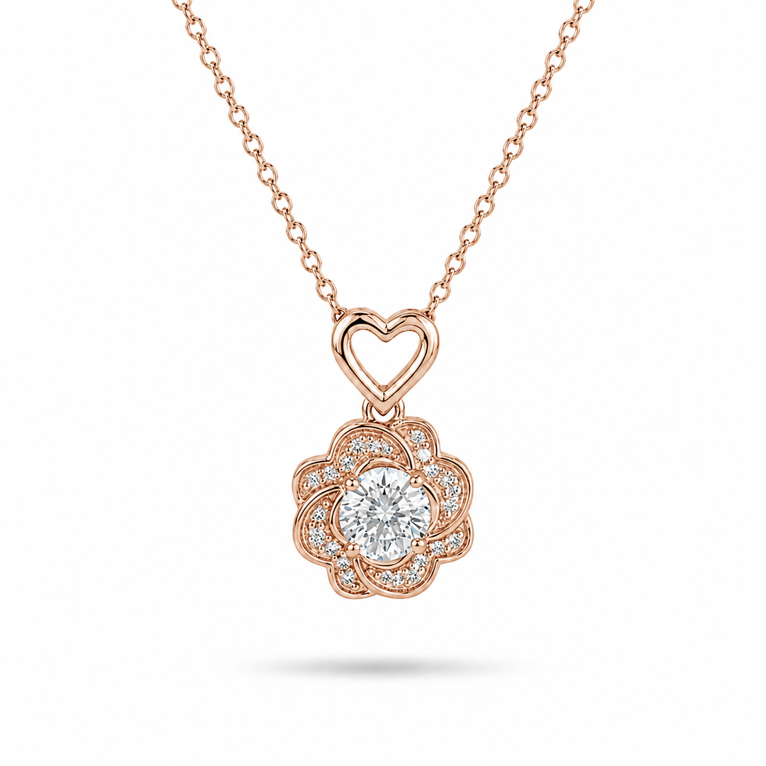 10mm, 0.5ct Round Cut Lab Diamond Rose Pendant Necklace