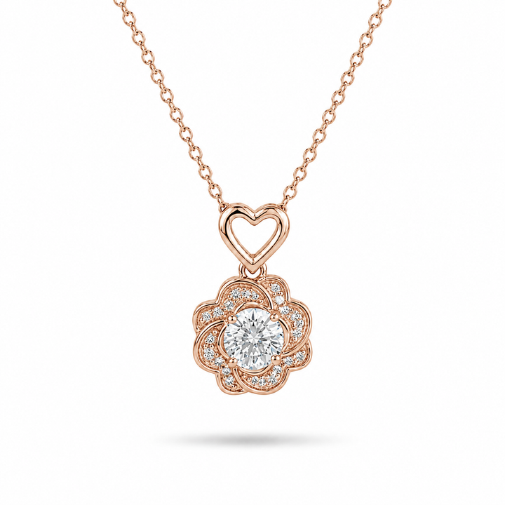 10mm, 0.5ct Round Cut Lab Diamond Rose Pendant Necklace