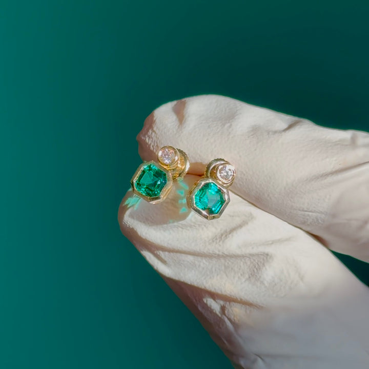 Customized™ 5mm, 0.6ct each Asscher Lab-Grown Zambian Emerald with Diamond Earrings in Yellow Gold