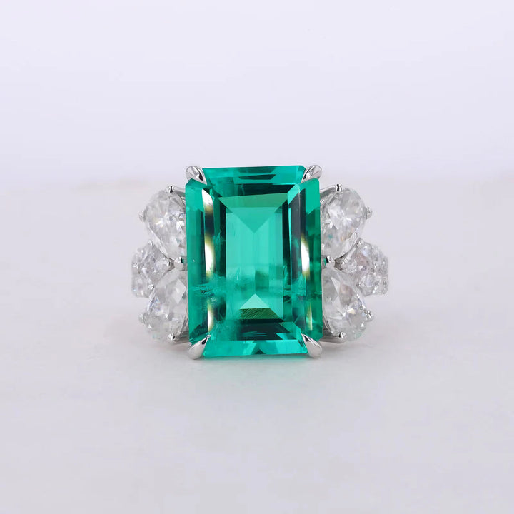 10x14mm, 7.30ct Lab-Grown Colombian Emerald with Pear/Round Cut Accent Diamond Ring in 14K White Gold