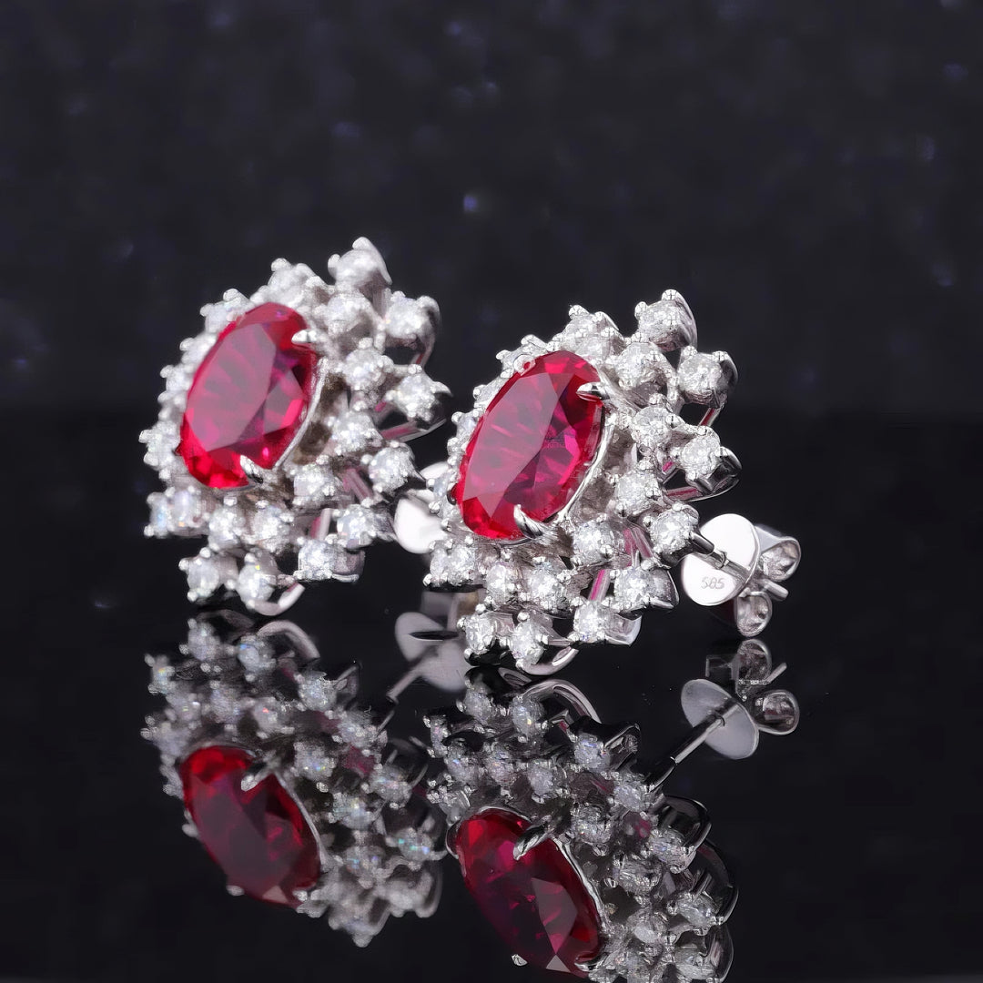 7x9mm, 2.50ct Each Oval Lab-Grown Red Ruby with Diamond Halo Earrings in 14K White Gold
