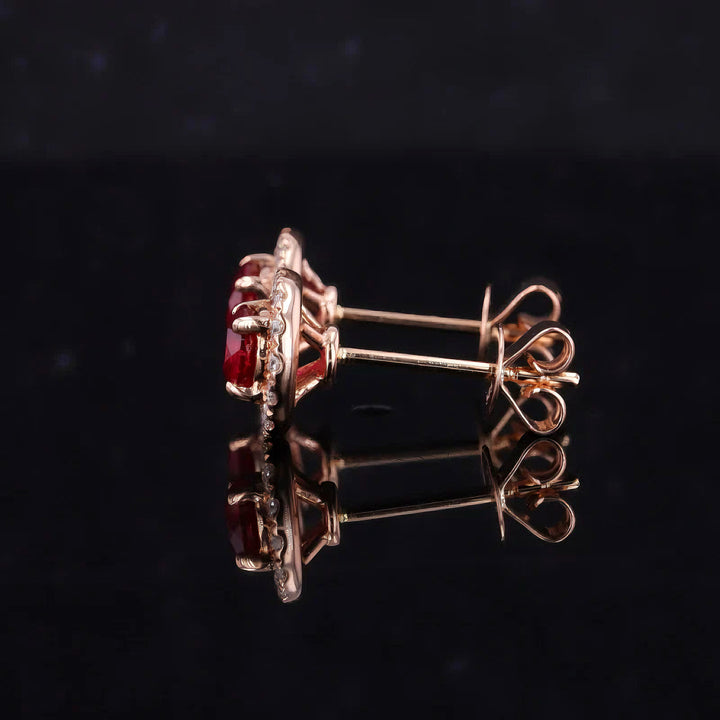 4.5mm, 0.50ct Each Round Lab-Grown Red Ruby with Diamond Halo Earrings in 14K Rose Gold
