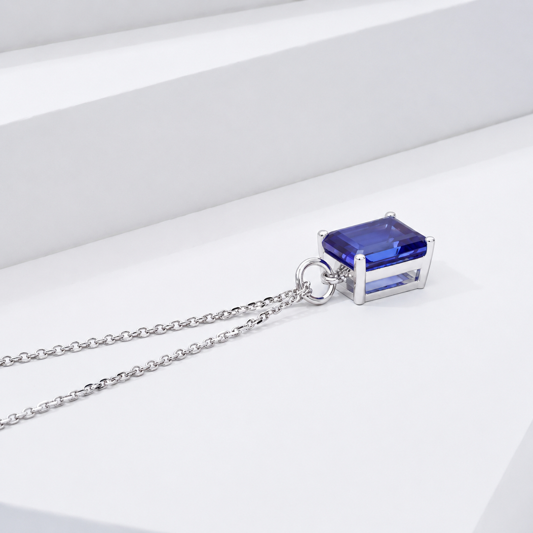 7x9mm, 3.00ct Emerald Lab-Grown Blue Sapphire Pendant Necklace in 14K White Gold
