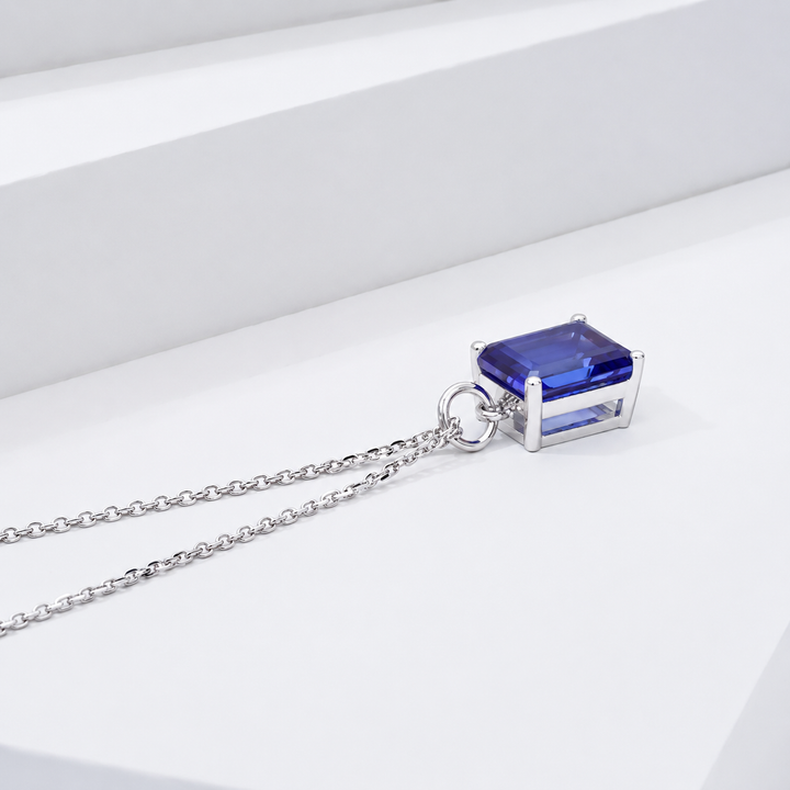 7x9mm, 3.00ct Emerald Lab-Grown Blue Sapphire Pendant Necklace in 14K White Gold