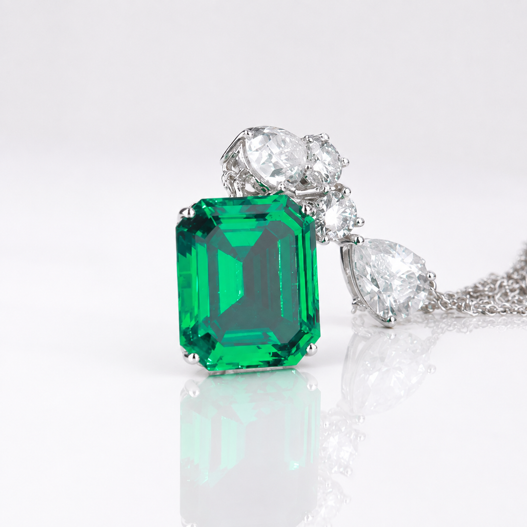 10x12mm, 4.50ct Lab-Grown Zambian Emerald Dangle Pendant with Pear/Round Diamonds Rolo Necklace in 14K White Gold
