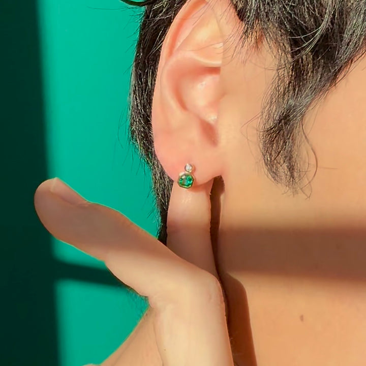 Customized™ 5mm, 0.6ct each Asscher Lab-Grown Zambian Emerald with Diamond Earrings in Yellow Gold