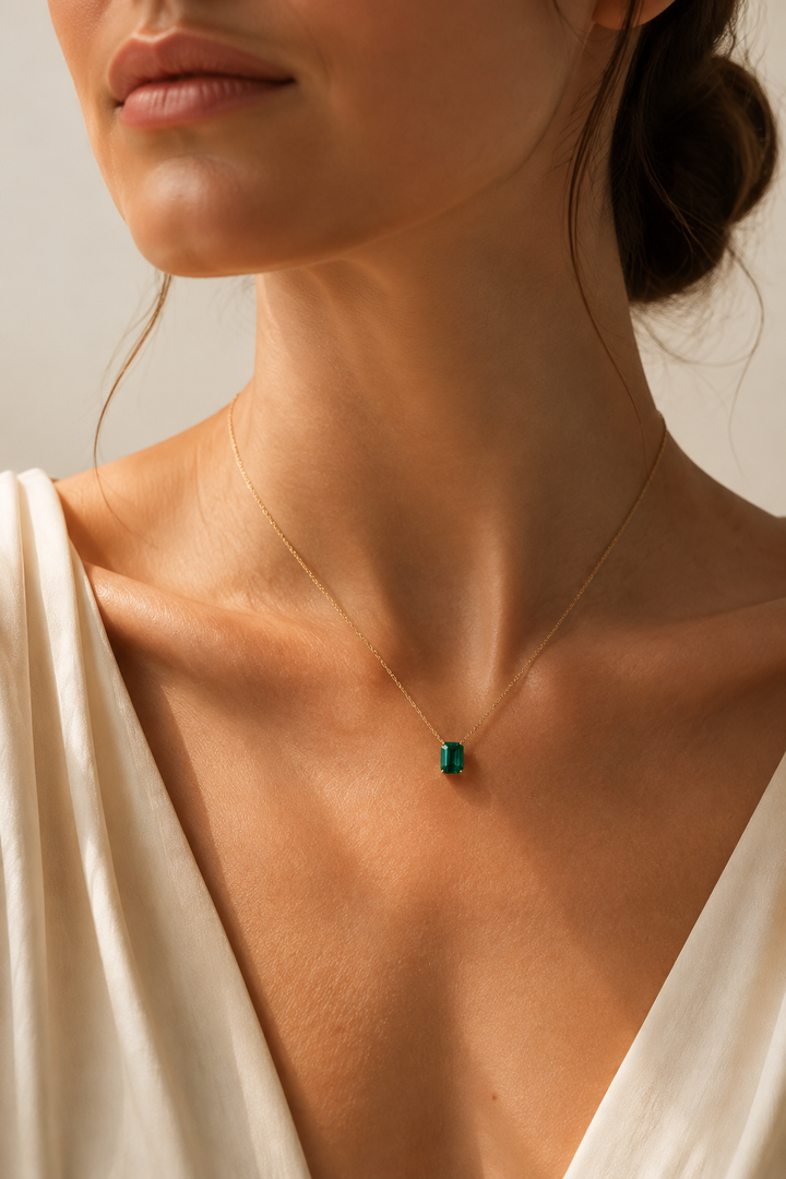5x7mm, 1.00ct Lab-Grown Colombian Emerald Classic Pendant with Rolo Necklace