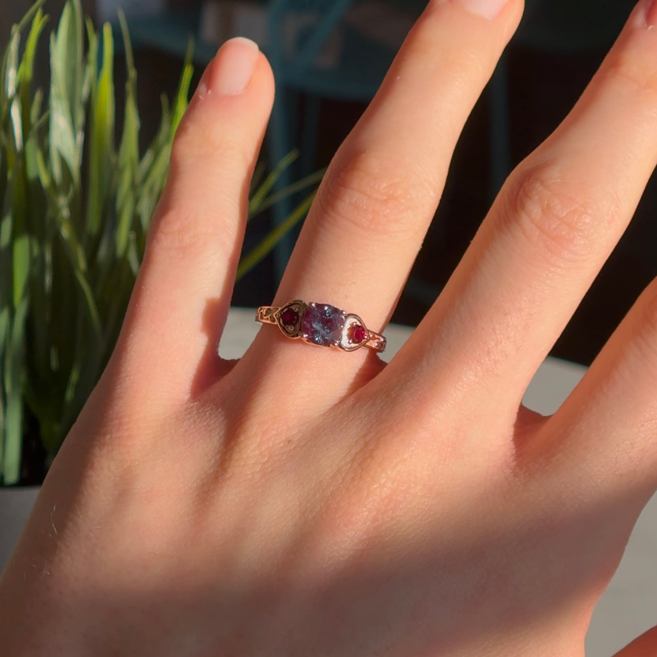 Customized™ 1.00ct Round Alexandrite with Natural Rubies Three-Stone Ring in 10K Solid Rose Gold