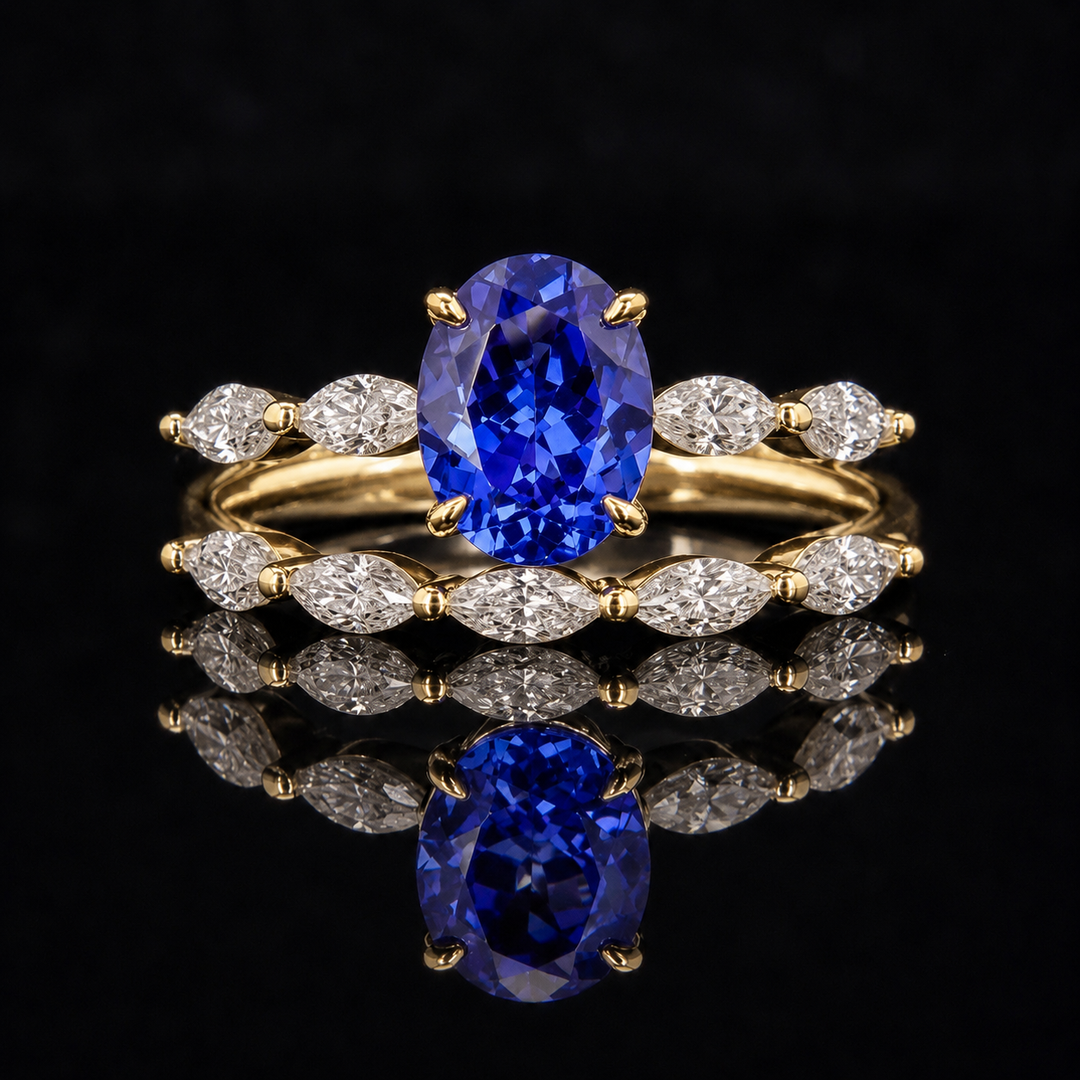 The Maeve Set — Blue Oval Sapphire 5-Stone Ring with Marquise Stacking Band