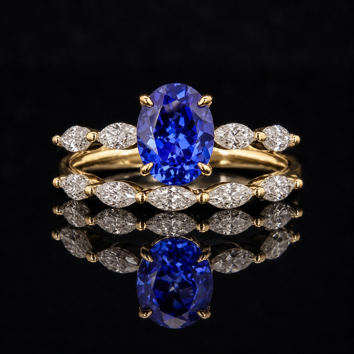 The Maeve Set — Blue Oval Sapphire 5-Stone Ring with Marquise Stacking Band
