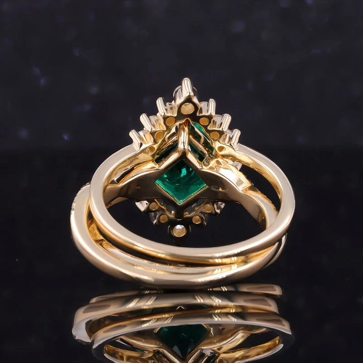 8x8mm, 2.20ct Princess Lab-Grown Colombian Emerald with Twisted-Pavé Band Ring with Two Stacking Diamond Rings in 14K Yellow Gold