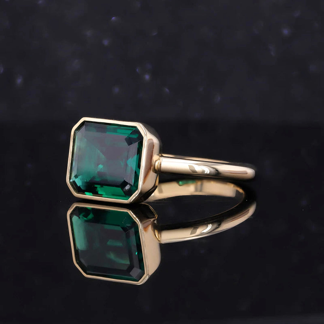 9x11mm, 4.60ct Lab-Grown Zambian Emerald East-to-West Bezel Set Ring in 14K Yellow Gold
