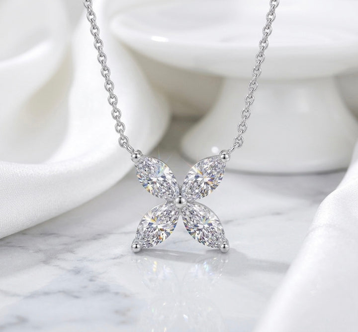 12mm, 0.9ct Marquise Cut Lab Diamond 4-Petal Flower Pendant Necklace in 14K Solid White Gold