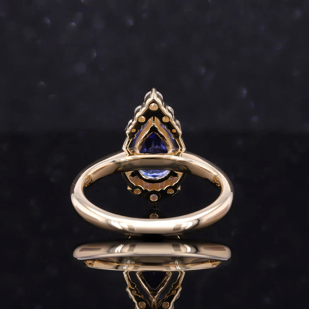 The Teardrop — Blue Pear Sapphire with Diamond Halo Ring