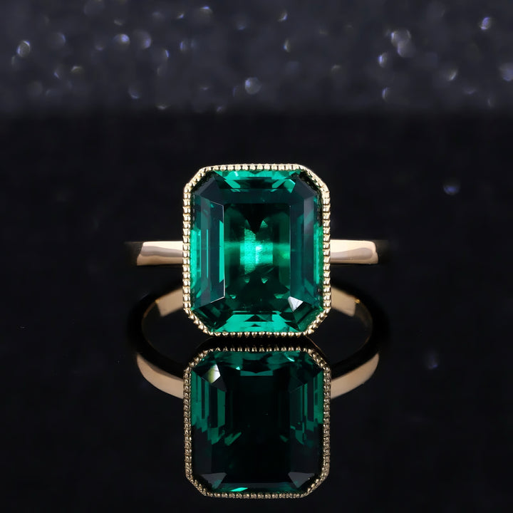 9x11mm, 4.60ct Emerald Lab-Grown Zambian Emerald Bezel-Set Ring in 14K Yellow Gold