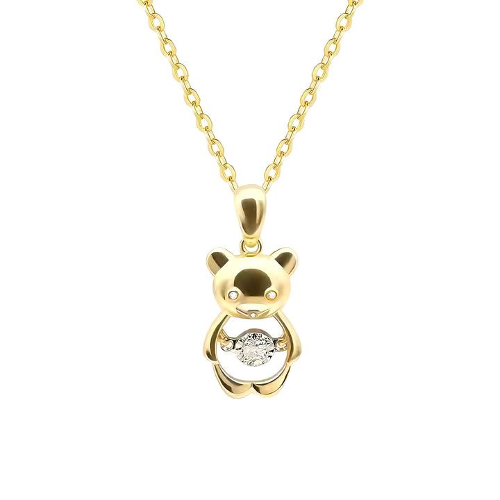Bear Pendant Necklace with Dancing Diamond in 18K Solid Yellow Gold