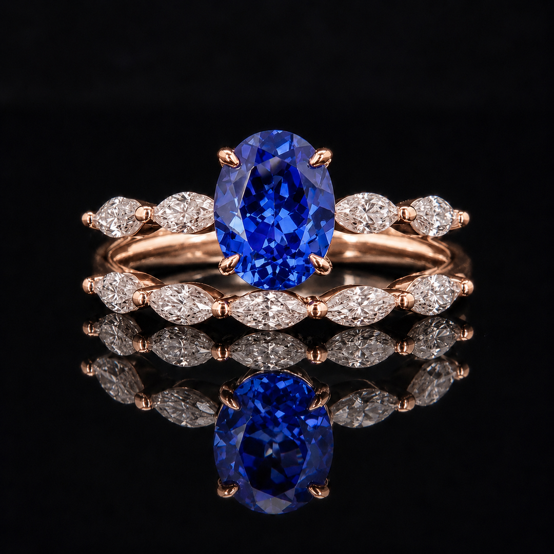 The Maeve Set — Blue Oval Sapphire 5-Stone Ring with Marquise Stacking Band
