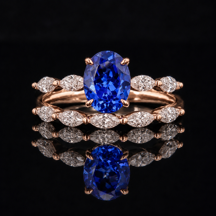The Maeve Set — Blue Oval Sapphire 5-Stone Ring with Marquise Stacking Band